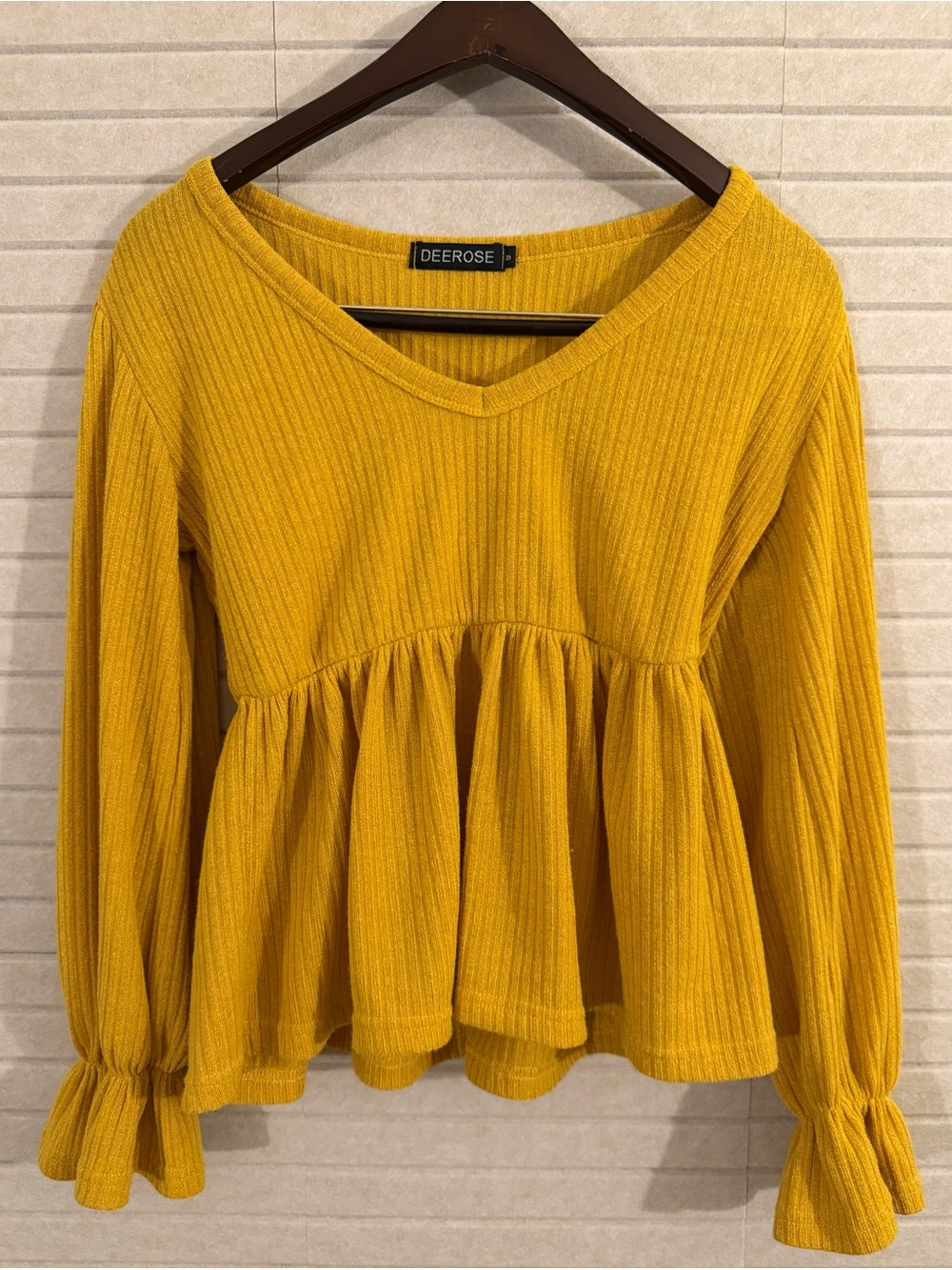 Deerose Mustard V-Neck Ribbed Peplum Tunic